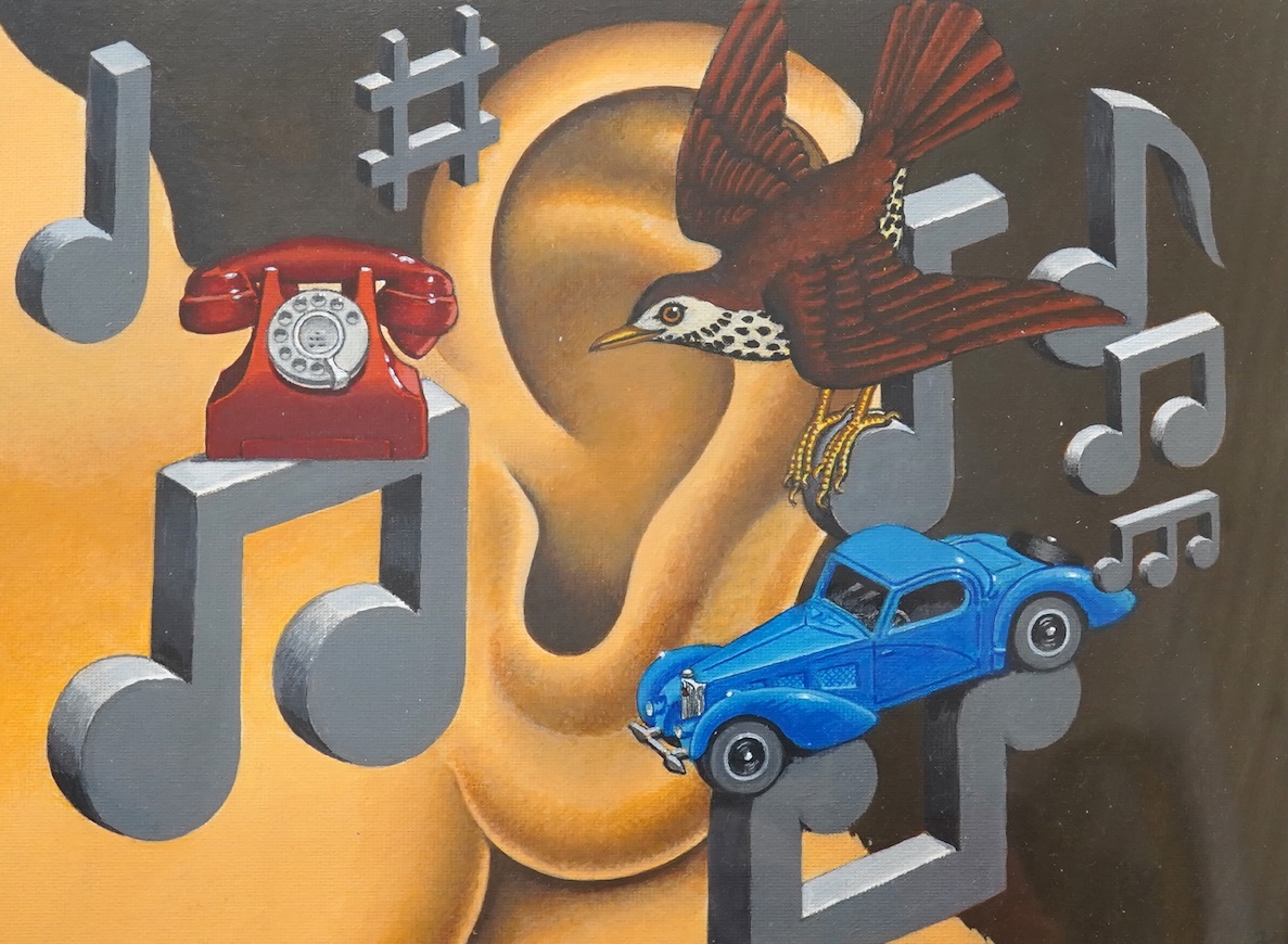 Ken Laidlaw (b.1945), Surreal composition, Musical notes and an ear, monogrammed, oil, 24 x 32cm
